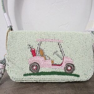 Beaded Golf Cart Crossbody Bag in Mint and Pink